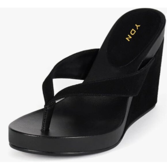 YDN Black Wedge Heel Flip Flops Sandals Open Toe High Heels Slip On Thong Shoes - Picture 1 of 8